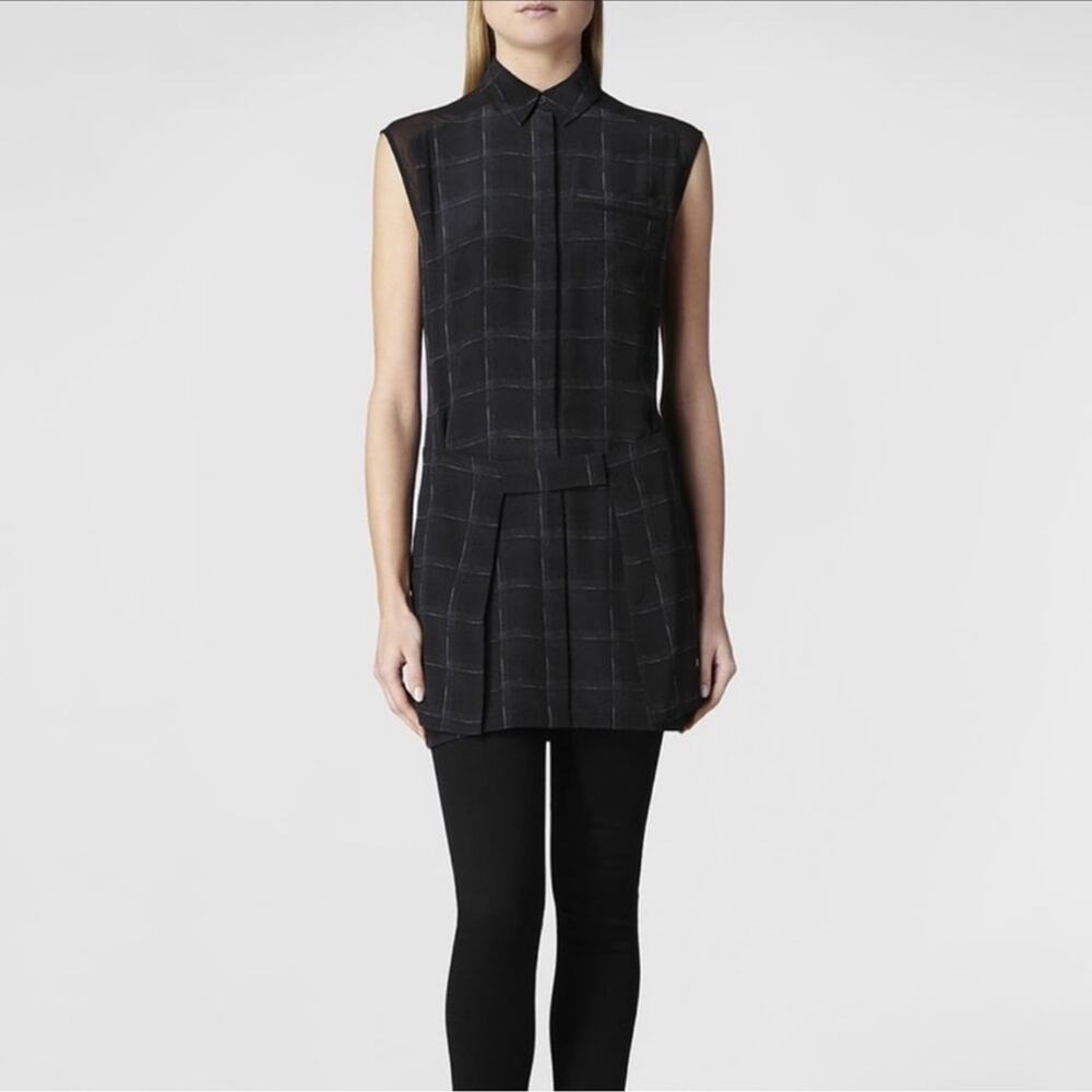 Allsaints Flannel Danica Tunic Black sz 4 Collared 100% Silk Office Academia